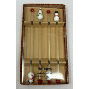 Pier 1 Glass Snowman Swizzle Sticks Set Of 4 White and Clear 8"‎
